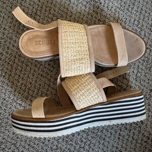 SCHUTZ Beige and Cream Striped Platform Sandals